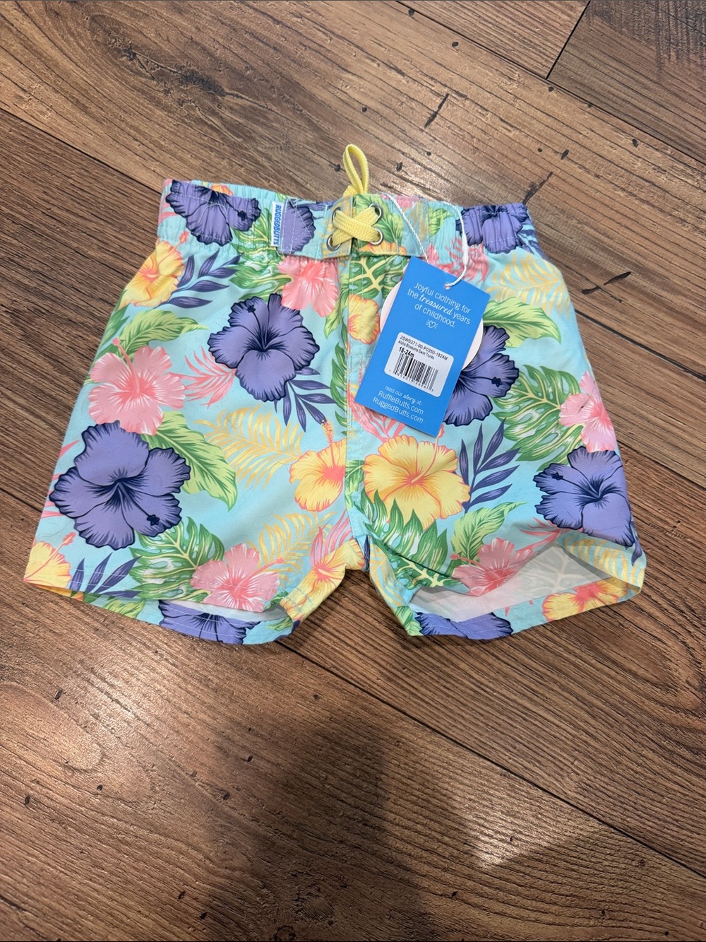 Ruffle Butts Light Blue Floral Kids Swim Trunks